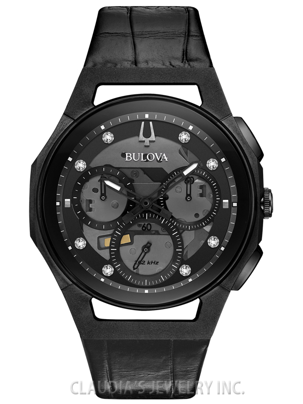 MEN'S BULOVA CURV CHRONOGRAPH BLACK LEATHER WATCH 98D152