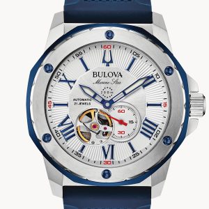 MEN’S BULOVA MARINE STAR SILVER TONE W/ BLUE ACCENTS DIAL WATCH 98A225