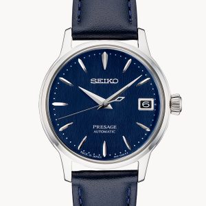 SEIKO PRESAGE AUTOMATIC BLUE LEATHER STRAP WATCH SRPF55