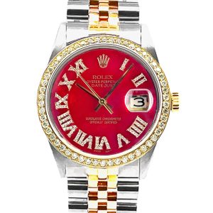 ROLEX MEN’S DATEJUST STAINLESS STEEL & GOLD 36MM WATCH RED ROMAN DIAL DIAMOND BEZEL