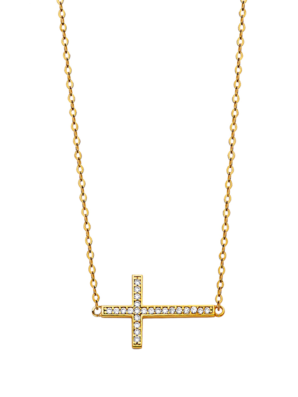 14k Yellow Gold CZ Side Way Cross Necklace