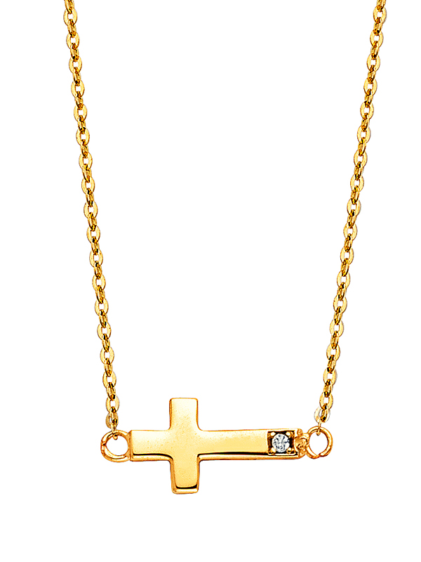 14k Yellow Gold CZ Side Way Cross Necklace