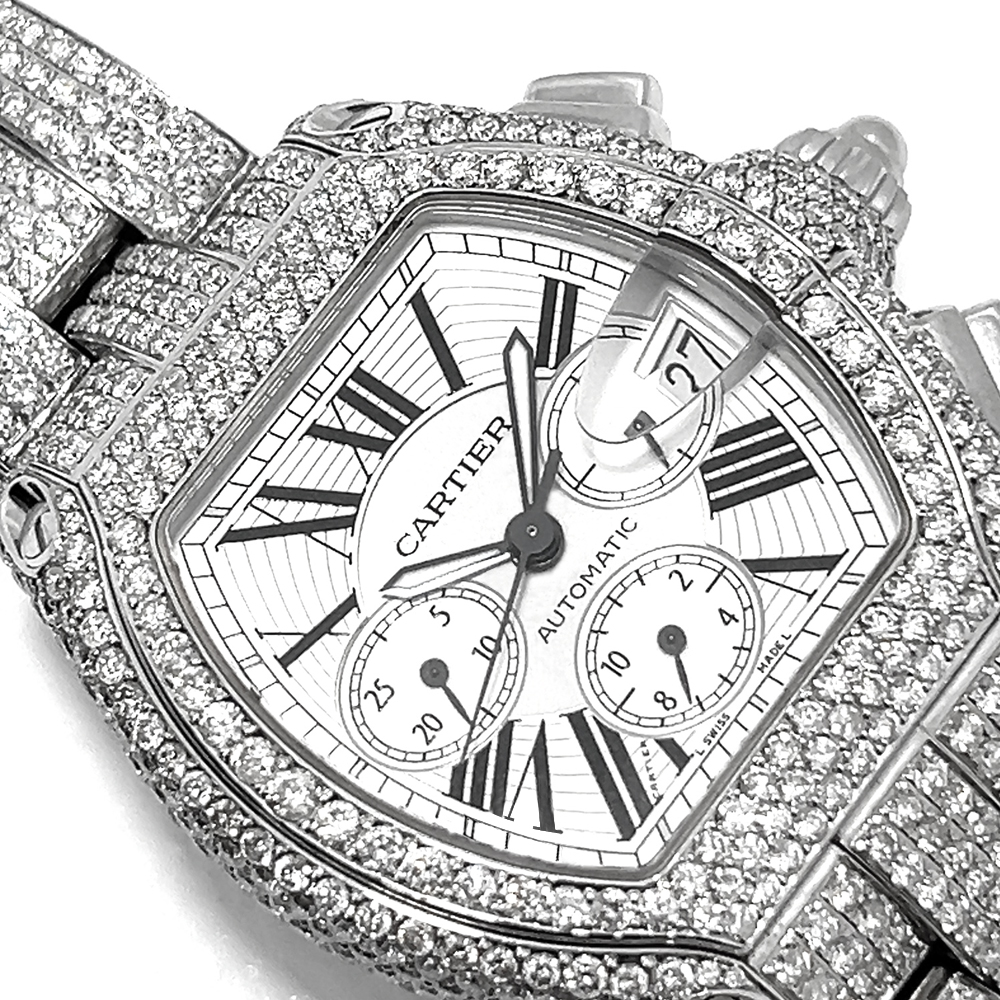 CARTIER ROADSTER MEN'S 2618 WHITE DIAL CUSTOM ICED OUT 20CT