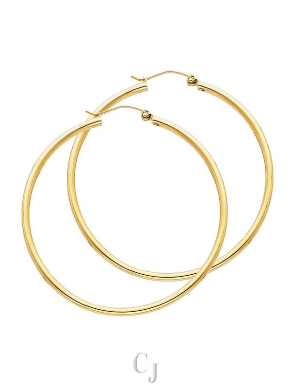 14KY 2mm Round Tube Polished Hoop Earrings (45mm)