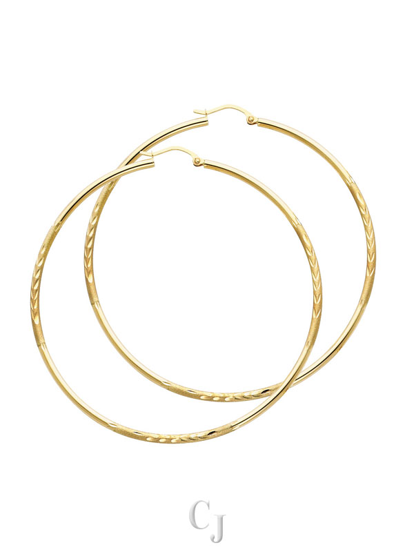 14KY 2mm Budded DC Round Tube Hoop Earrings (65mm)