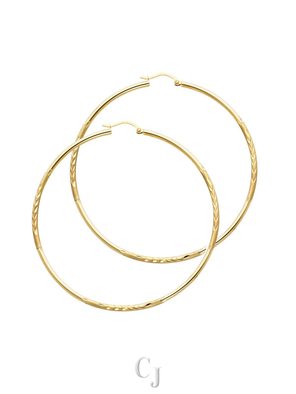 14KY 2mm Budded DC Round Tube Hoop Earrings (55mm)