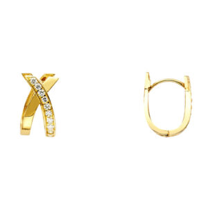 14KY X Design Round CZ U Shape Earrings (8X15mm)