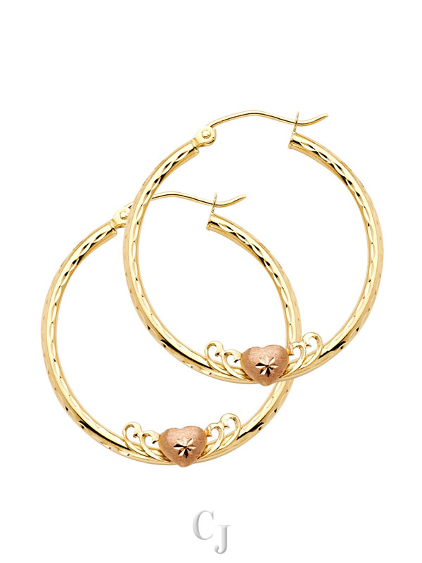 14K 2T 2mm Round Hoop Earrings with Herat (30mm)