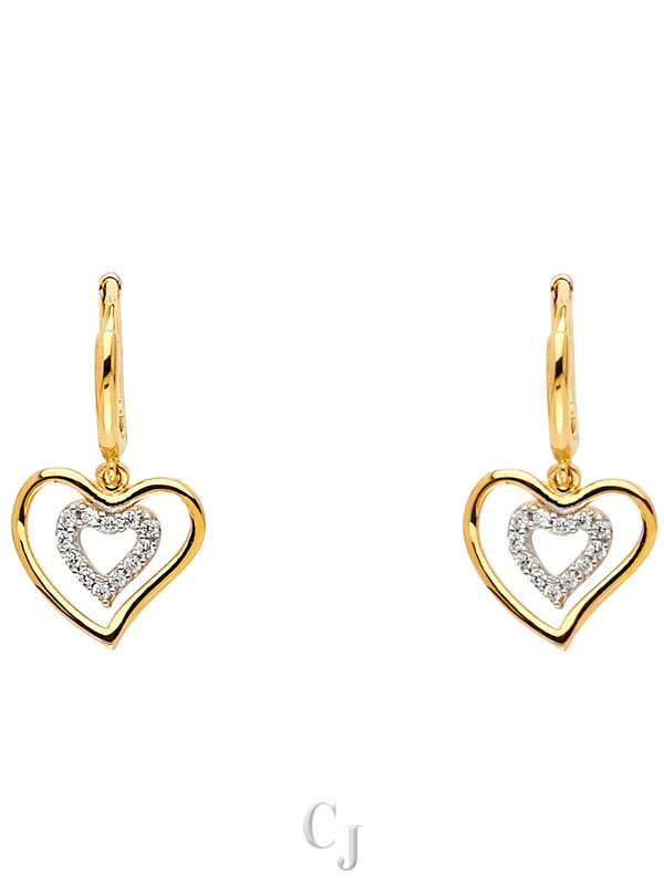 14K 2T CZ Heart Hanging Earrings