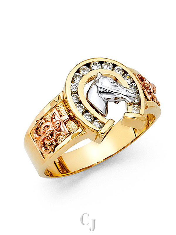 14K 3C CZ Lucky Horse Shoe Men's Ring