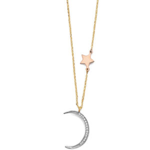 14K 3C CZ Moon and Star Necklace