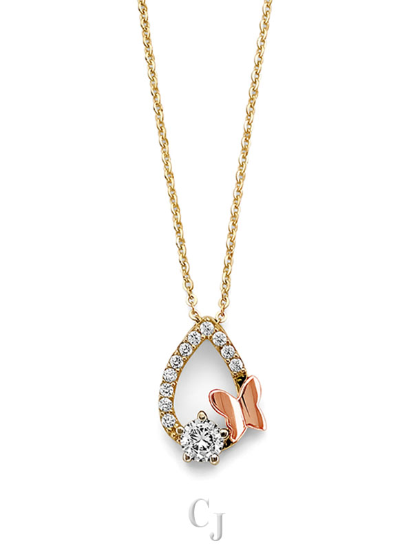 14K 2T CZ Tear Drop with Butterfly Necklace