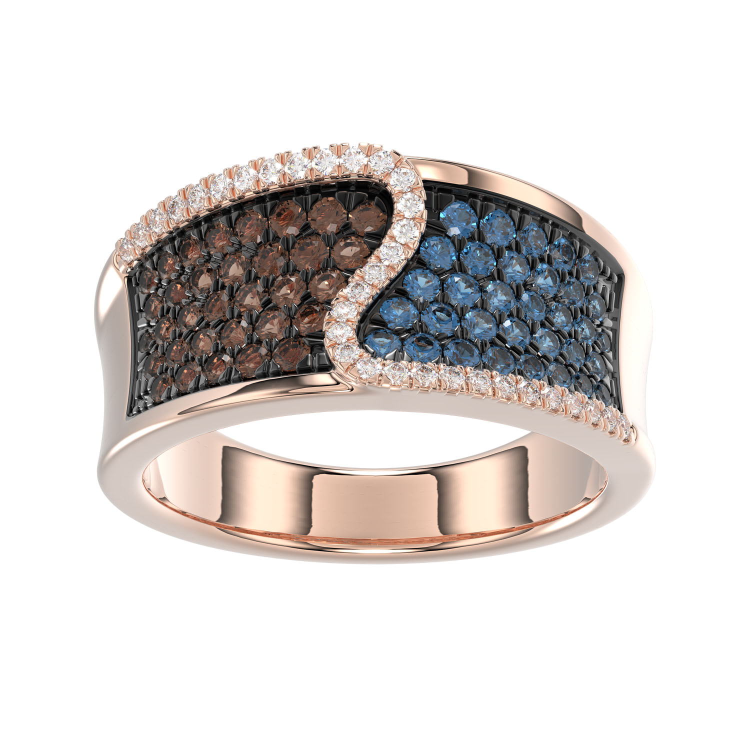LADIES BAND 0.75CT ROUND/BLUE SAPPHIRE/DARK BROWN DIAMOND 14K ROSE GOLD